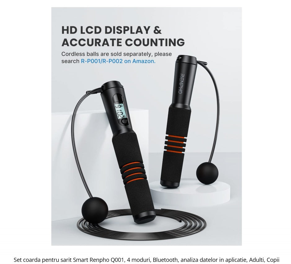 Set coarda pentru sarit Smart Renpho Q001, 4 moduri, Bluetooth, analiza datelor in aplicatie, Adulti, Copii Renpho