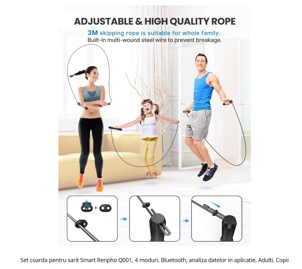 Set coarda pentru sarit Smart Renpho Q001, 4 moduri, Bluetooth, analiza datelor in aplicatie, Adulti, Copii Renpho