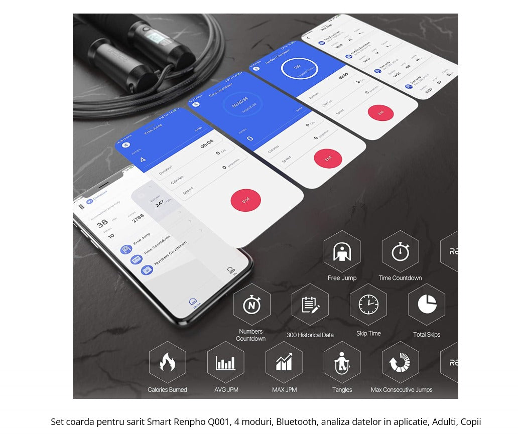 Set coarda pentru sarit Smart Renpho Q001, 4 moduri, Bluetooth, analiza datelor in aplicatie, Adulti, Copii Renpho