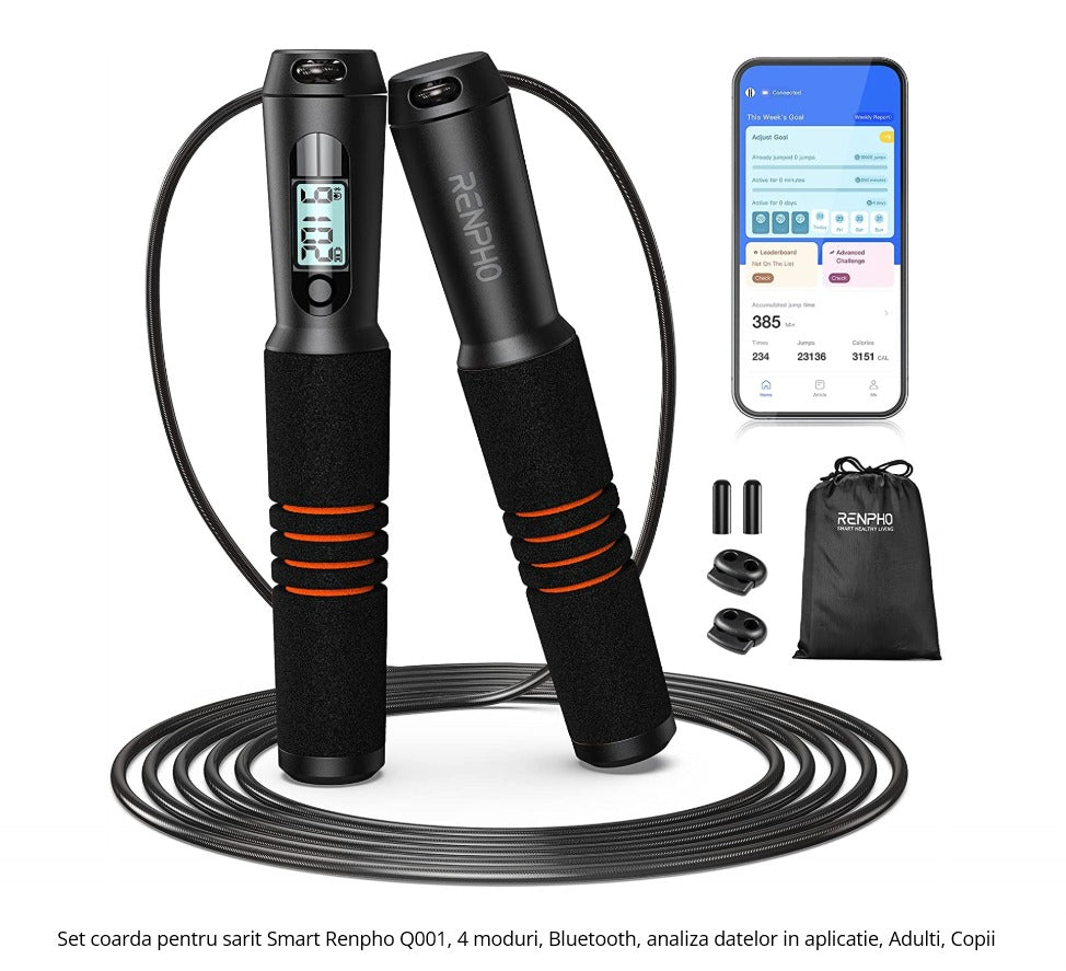 Set coarda pentru sarit Smart Renpho Q001, 4 moduri, Bluetooth, analiza datelor in aplicatie, Adulti, Copii Renpho