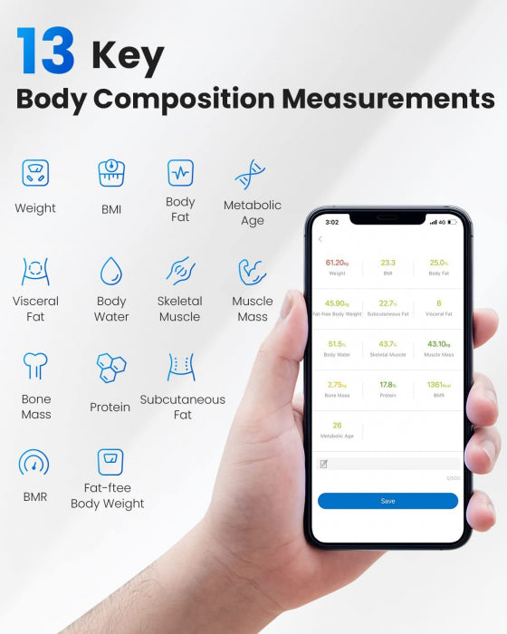 Cantar de baie Smart Renpho 26M, Maxim 180Kg, 13 masuratori, BMI, BMR IMC, Bluetooth, compatibil Fitbit, Apple Health, Google Fit - Alb