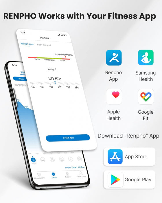 Cantar de baie Smart Renpho 26M, Maxim 180Kg, 13 masuratori, BMI, BMR IMC, Bluetooth, compatibil Fitbit, Apple Health, Google Fit - Alb