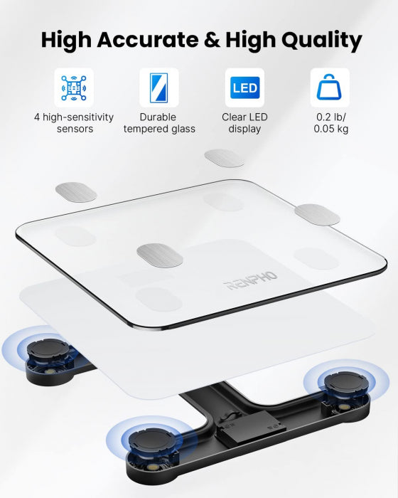 Cantar de baie Smart Renpho 26M, Maxim 180Kg, 13 masuratori, BMI, BMR IMC, Bluetooth, compatibil Fitbit, Apple Health, Google Fit - Alb