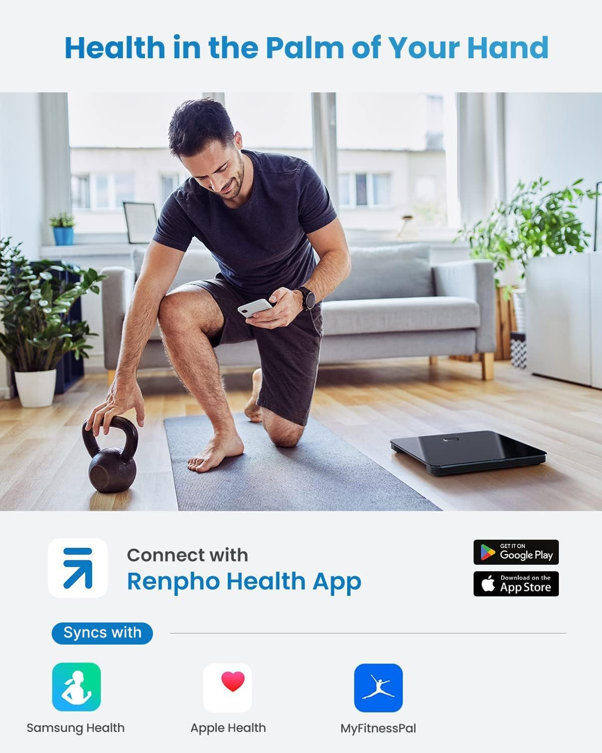 Cantar de baie Smart Renpho R-A016, Bluetooth, Maxim 180Kg, negru,mod de sarcina, 13 masuratori, BMI, Compatibil cu Samsung Health, Apple Health, Google Fit and Fitbit sync.