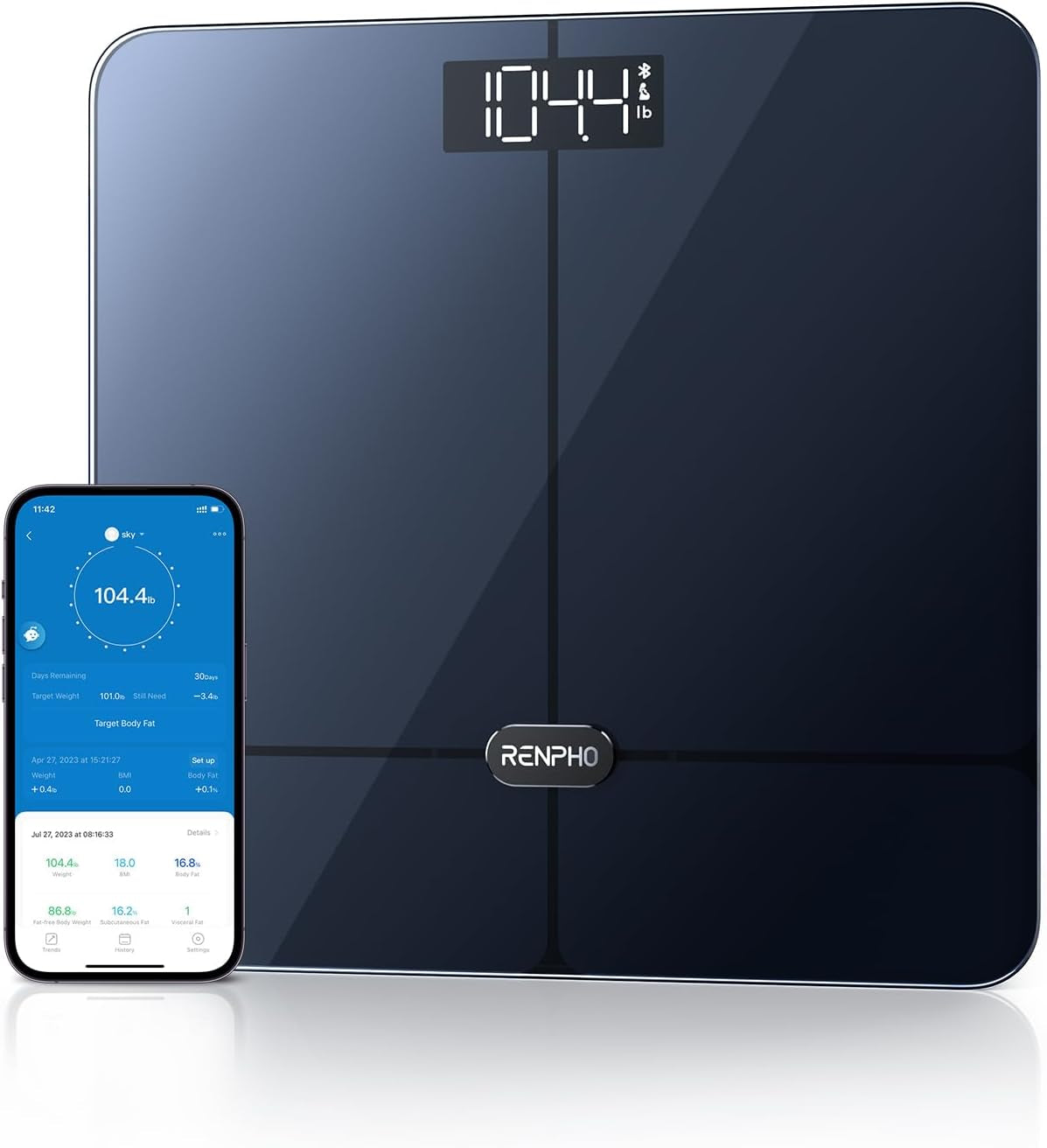 Cantar de baie Smart Renpho R-A016, Bluetooth, Maxim 180Kg, negru,mod de sarcina, 13 masuratori, BMI, Compatibil cu Samsung Health, Apple Health, Google Fit and Fitbit sync.